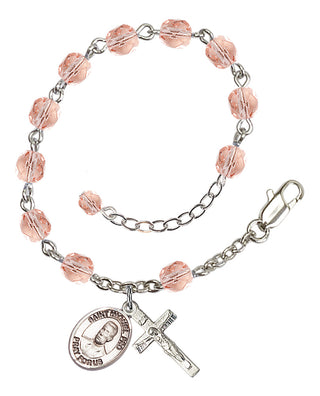 Silver-Plated 6mm Fire-Polished Bl. Miguel Pro Rosary Bracelet in Pink Engraved Catholic Saint Jewelry
