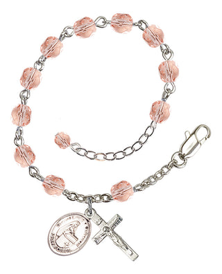 Silver-Plated 6mm Fire-Polished Bl. Emilee Doultremont Rosary Bracelet in Pink Engraved Catholic Saint Jewelry