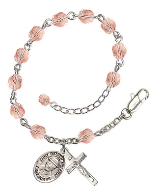 Silver-Plated 6mm Fire-Polished Saint Damien of Molokai Rosary Bracelet in Pink Engraved Catholic Saint Jewelry