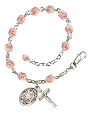 Silver-Plated 6mm Fire-Polished Our Lady of Rosa Mystica Rosary Bracelet in Pink Engraved Catholic Saint Jewelry