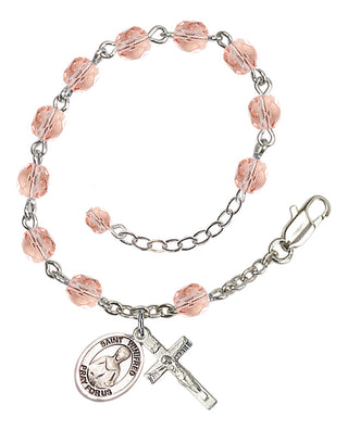 Silver-Plated 6mm Fire-Polished Saint Winifred of Wales Rosary Bracelet in Pink Engraved Catholic Saint Jewelry