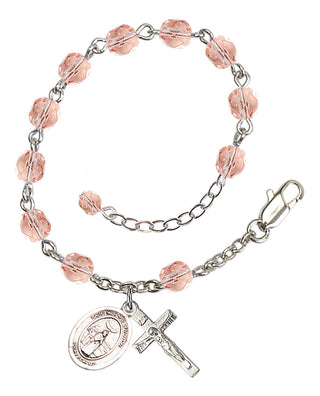 Silver-Plated 6mm Fire-Polished Saint Medard of Noyon Rosary Bracelet in Pink Engraved Catholic Saint Jewelry