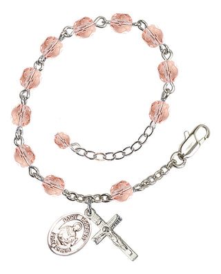 Silver-Plated 6mm Fire-Polished Saint Norbert of Xanten Rosary Bracelet in Pink Engraved Catholic Saint Jewelry