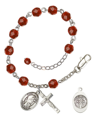Silver-Plated 6mm Fire-Polished St. Benedict Rosary Bracelet in Ruby | Engravable