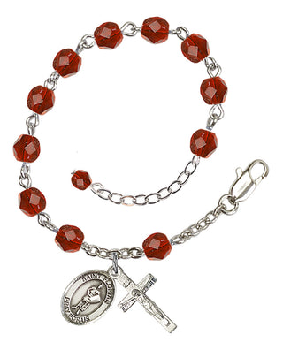 Silver-Plated 6mm Fire-Polished Saint Florian Rosary Bracelet in Ruby Engraved Catholic Saint Jewelry