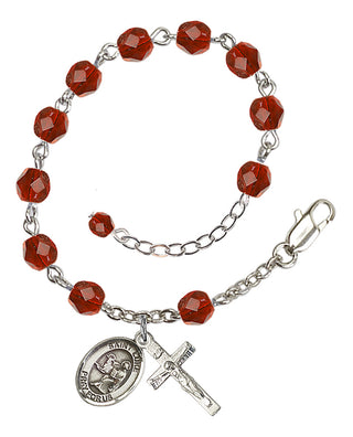 Silver-Plated 6mm Fire-Polished Saint Luke the Apostle Rosary Bracelet in Ruby Engraved Catholic Saint Jewelry