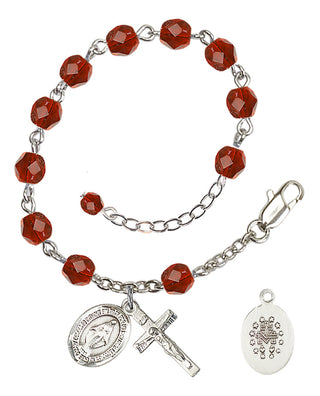 Silver-Plated 6mm Fire-Polished Miraculous Rosary Bracelet in Ruby Engraved Catholic Saint Jewelry
