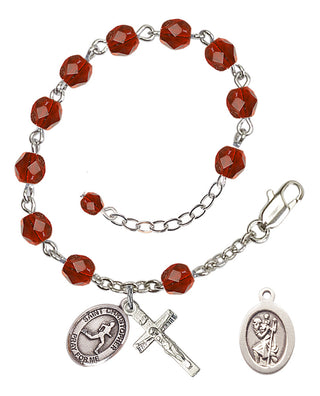Silver-Plated 6mm Fire-Polished Saint Christopher/Track & Field Rosary Bracelet in Ruby Engraved Catholic Saint Jewelry
