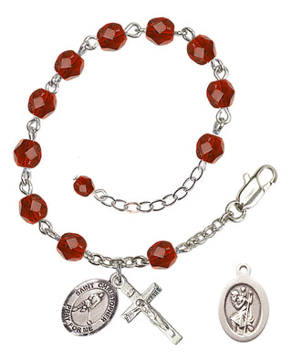 Adjustable Silver Plated 6mm Fire Polished Saint Christopher/Ice Hockey Rosary Bracelet in Ruby