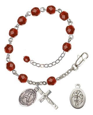 Adjustable Silver Plated 6mm Fire Polished Saint Sebastian/Baseball Rosary Bracelet in Ruby