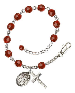Silver-Plated 6mm Fire-Polished Saint Barnabas Rosary Bracelet in Ruby Engraved Catholic Saint Jewelry