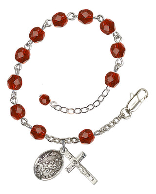 Silver-Plated 6mm Fire-Polished Saint Thomas of Villanova Rosary Bracelet in Ruby Engraved Catholic Saint Jewelry