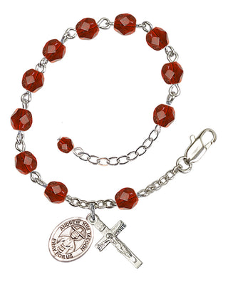 Silver-Plated 6mm Fire-Polished Saint Andrew Kim Taegon Rosary Bracelet in Ruby Engraved Catholic Saint Jewelry