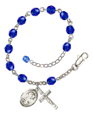 Silver-Plated 6mm Fire-Polished Saint Elmo Rosary Bracelet in Sapphire Engraved Catholic Saint Jewelry