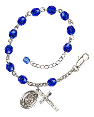 Silver-Plated 6mm Fire-Polished Saint James the Greater Rosary Bracelet in Sapphire Engraved Catholic Saint Jewelry