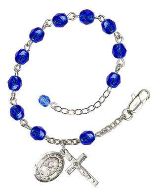 Silver-Plated 6mm Fire-Polished Our Lady of la Vang Rosary Bracelet in Sapphire Engraved Catholic Saint Jewelry