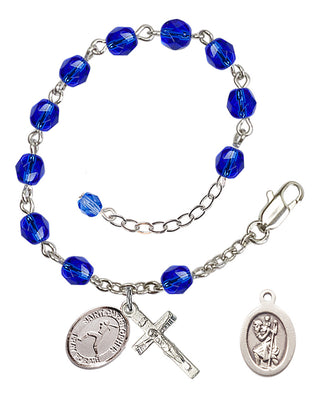 Adjustable Silver Plated 6mm Fire Polished Saint Christopher/Softball Rosary Bracelet in Sapphire