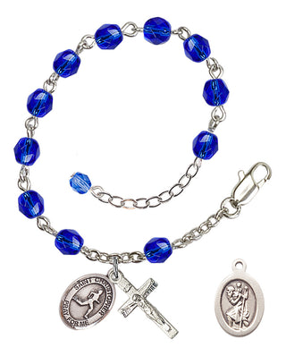 Silver-Plated 6mm Fire-Polished Saint Christopher/Track & Field Rosary Bracelet in Sapphire Engraved Catholic Saint Jewelry