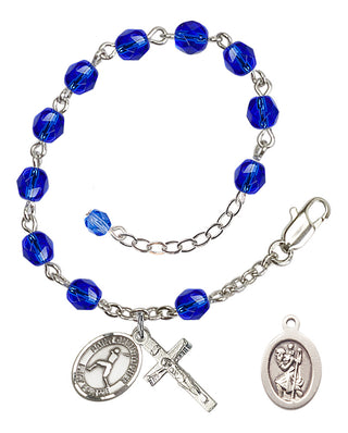 Adjustable Silver Plated 6mm Fire Polished Saint Christopher/Baseball Rosary Bracelet in Sapphire