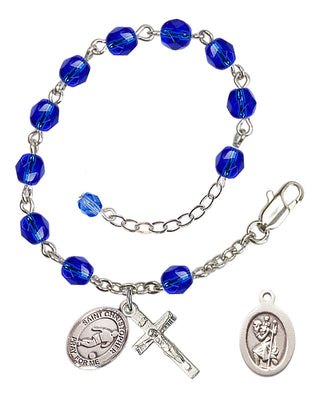 Adjustable Silver Plated 6mm Fire Polished Saint Christopher/Soccer Rosary Bracelet in Sapphire