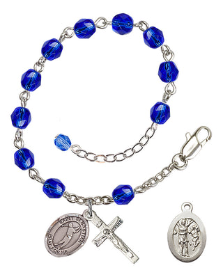 Adjustable Silver Plated 6mm Fire Polished Saint Sebastian/Golf Rosary Bracelet in Sapphire