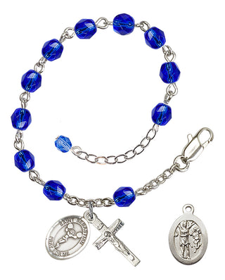 Adjustable Silver Plated 6mm Fire Polished Saint Sebastian/Cheerleading Rosary Bracelet in Sapphire