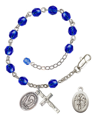 Adjustable Silver Plated 6mm Fire Polished Saint Sebastian/Gymnastics Rosary Bracelet in Sapphire