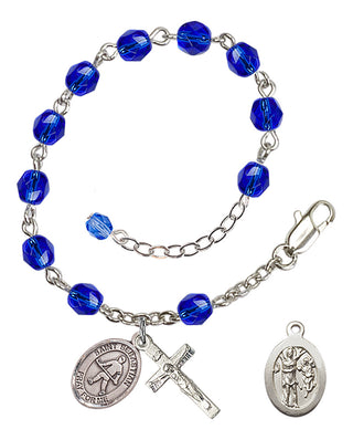 Adjustable Silver Plated 6mm Fire Polished Saint Sebastian/Field Hockey Rosary Bracelet in Sapphire