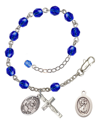 Adjustable Silver Plated 6mm Fire Polished Saint Christopher/Motorcycle Rosary Bracelet in Sapphire