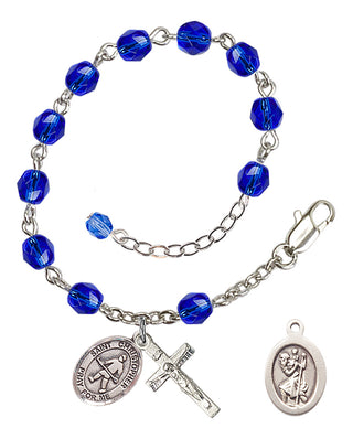 Silver-Plated 6mm Fire-Polished Saint Christopher / Field Hockey Rosary Bracelet in Sapphire Engraved Catholic Saint Jewelry