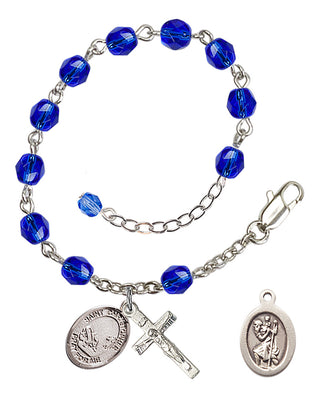 Adjustable Silver Plated 6mm Fire Polished Saint Christopher / Fishing Rosary Bracelet in Sapphire