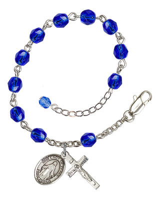 Silver-Plated 6mm Fire-Polished Our Lady of Peace Rosary Bracelet in Sapphire Engraved Catholic Saint Jewelry
