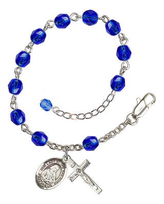 Silver-Plated 6mm Fire-Polished Our Lady of the Railroad Rosary Bracelet in Sapphire Engraved Catholic Saint Jewelry