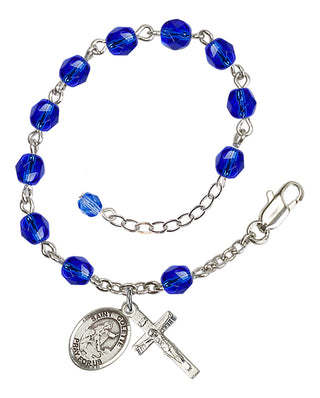 Silver-Plated 6mm Fire-Polished Saint Colette Rosary Bracelet in Sapphire Engraved Catholic Saint Jewelry