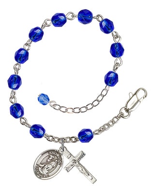 Silver-Plated 6mm Fire-Polished Saint Roch Rosary Bracelet in Sapphire Engraved Catholic Saint Jewelry