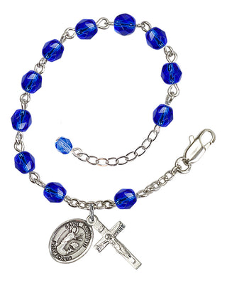 Silver-Plated 6mm Fire-Polished Saint Kenneth Rosary Bracelet in Sapphire Engraved Catholic Saint Jewelry