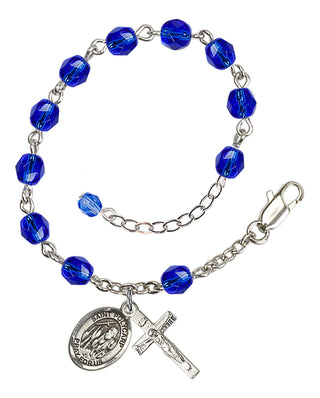 Silver-Plated 6mm Fire-Polished Saint Polycarp of Smyrna Rosary Bracelet in Sapphire Engraved Catholic Saint Jewelry