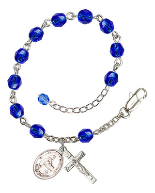 Silver-Plated 6mm Fire-Polished Bl. Emilee Doultremont Rosary Bracelet in Sapphire Engraved Catholic Saint Jewelry