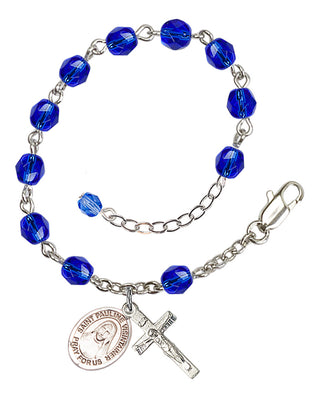 Silver-Plated 6mm Fire-Polished Saint Pauline Visintainer Rosary Bracelet in Sapphire Engraved Catholic Saint Jewelry