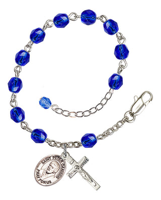 Silver-Plated 6mm Fire-Polished Saint Peter Canisius Rosary Bracelet in Sapphire Engraved Catholic Saint Jewelry