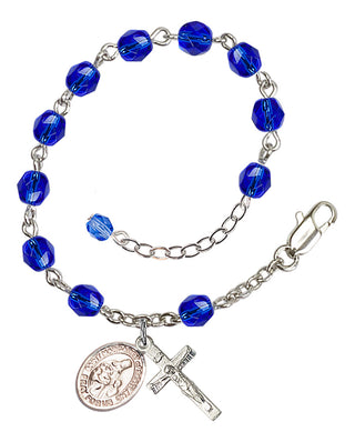 Silver-Plated 6mm Fire-Polished Saint Margaret of Scotland Rosary Bracelet in Sapphire Engraved Catholic Saint Jewelry
