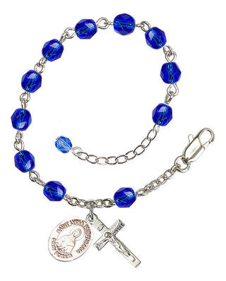 Silver-Plated 6mm Fire-Polished Saint Lydia Purpuraria Rosary Bracelet in Sapphire Engraved Catholic Saint Jewelry