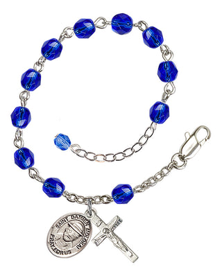 Silver-Plated 6mm Fire-Polished Saint Damien of Molokai Rosary Bracelet in Sapphire Engraved Catholic Saint Jewelry