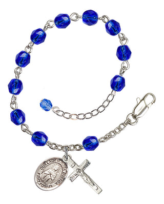 Silver-Plated 6mm Fire-Polished Our Lady of Rosa Mystica Rosary Bracelet in Sapphire Engraved Catholic Saint Jewelry