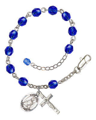 Silver-Plated 6mm Fire-Polished Saint Lucy Rosary Bracelet in Sapphire Engraved Catholic Saint Jewelry