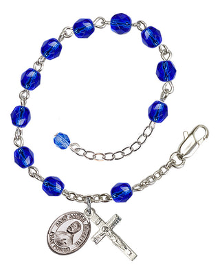 Silver-Plated 6mm Fire-Polished Saint Andre Bessette Rosary Bracelet in Sapphire Engraved Catholic Saint Jewelry