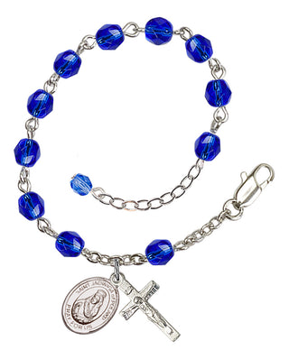 Silver-Plated 6mm Fire-Polished Saint Jadwiga of Poland Rosary Bracelet in Sapphire Engraved Catholic Saint Jewelry