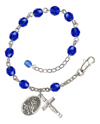 Silver-Plated 6mm Fire-Polished Our Lady of Precious Blood Rosary Bracelet in Sapphire Engraved Catholic Saint Jewelry