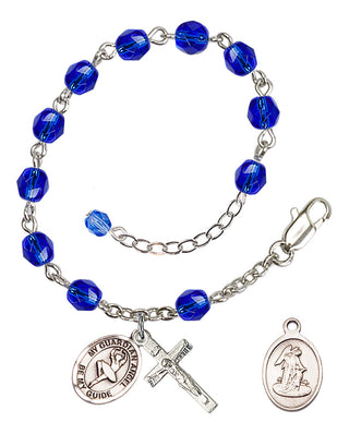 Silver-Plated 6mm Fire-Polished Guardian Angel/Dance Rosary Bracelet in Sapphire Engraved Catholic Saint Jewelry
