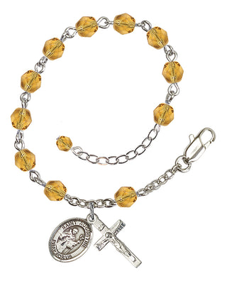 Silver-Plated 6mm Fire-Polished Saint Augustine Rosary Bracelet in Topaz Engraved Catholic Saint Jewelry